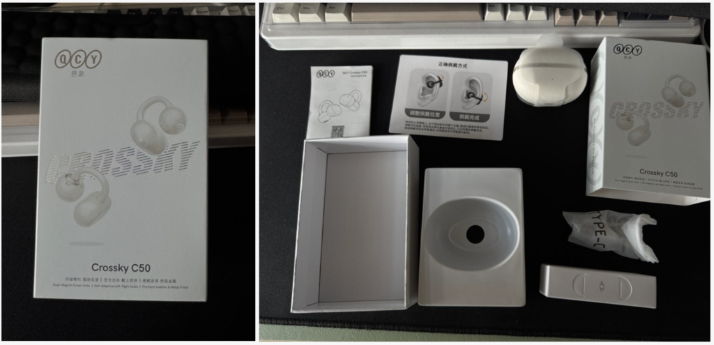 QCY C50 box and earbuds unboxed