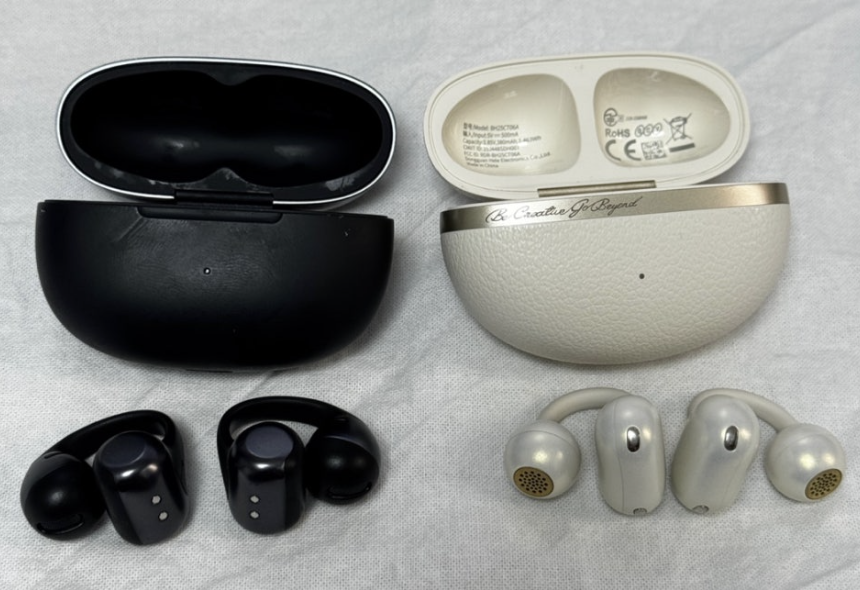 QCY C50 next to Shokz OpenFit for size comparison